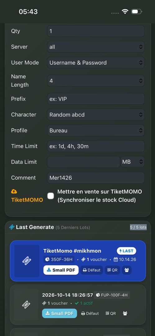 Création vouchers et stock TiketMOMO