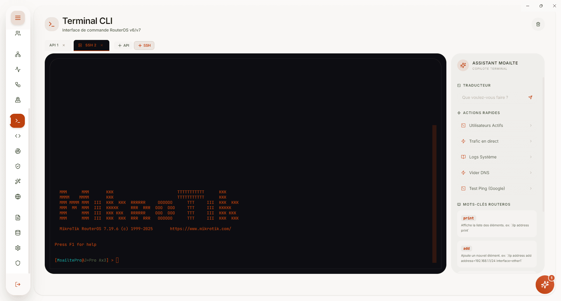 Terminal CLI RouterOS avec session SSH, commandes MikroTik et assistant Moailte AI